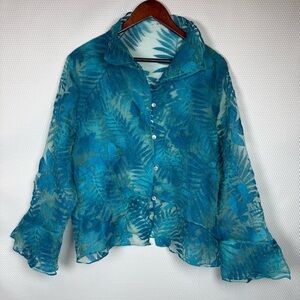 Mack and Mack Tropical Blue Sheer Leaf Pattern Ethereal 1X Button Front Top